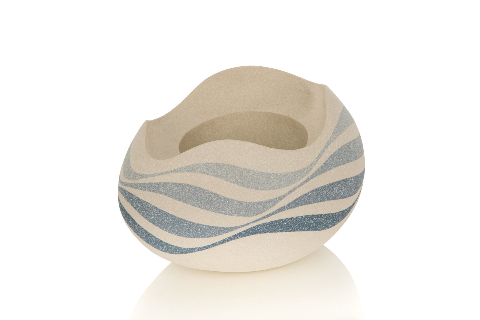 KYOKO TAKAHASHI (Japanese-British, b. 1959 - ): An egg form, porcelain vase / tea light holder with curved shades of blue throughout and four curved top.L.: 9 in. (22 cm) W.: 7 in. (17.7 cm) H.: 6.5 in. (16.5 cm)