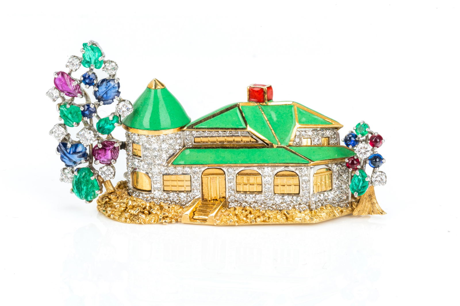 18K GOLD, GEMSTONE AND ENAMEL HOUSE BROOCH, 30g (1 of 2)