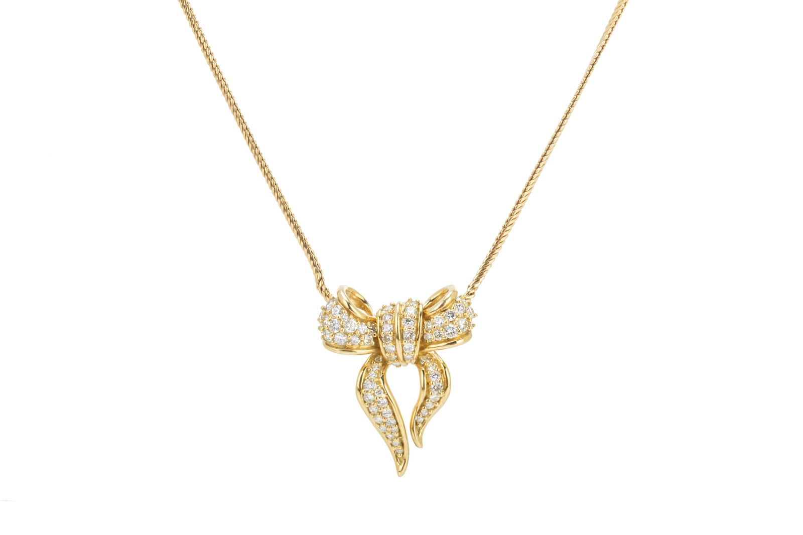 18K YELLOW GOLD AND DIAMOND BOW NECKLACE, 18.9g (1 of 3)