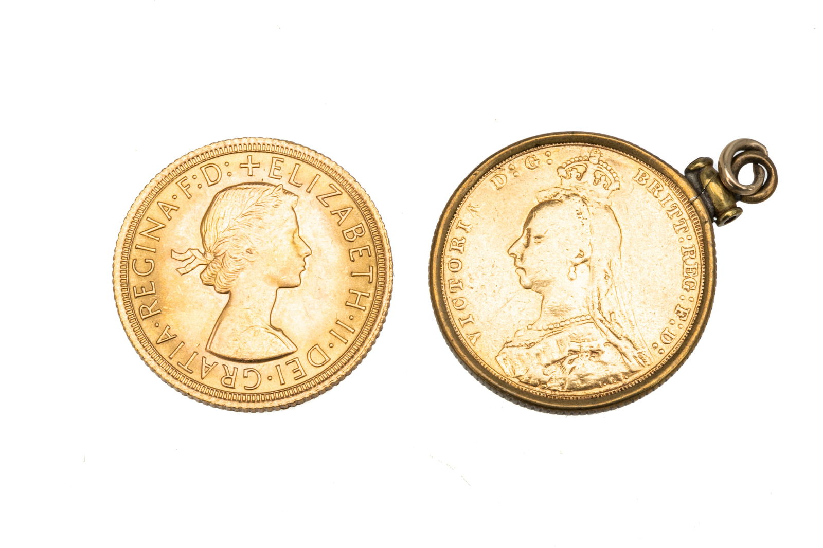 TWO GOLD BRITISH SOVEREIGN COINS, 16.9g: Including an1890 gold Sovereign coin, the obverse with the Jubilee portrait of Queen Victoria, the reverse featuring Saint George slaying the dragon, with attached pendant bail. Together with a 1966go