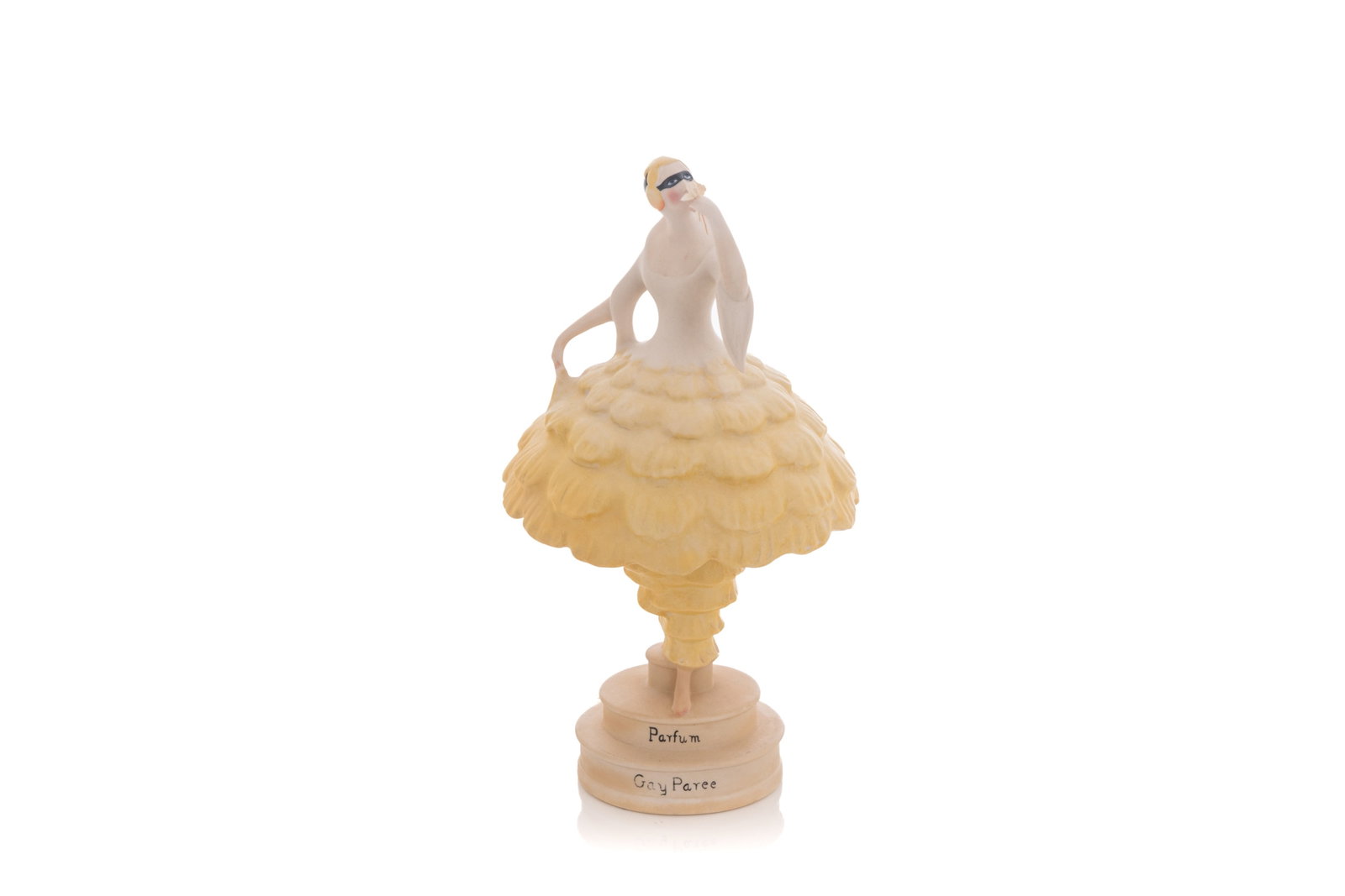 FIGURAL PORCELAIN BALLERINA LAMP: Table lamp with molded porcelain stem and shade in the shape of a masked ballerina wearing full, voluminous skirts. On the base, a hand-painted inscription 'Parfum Gay Paree'. No maker's mark visible,