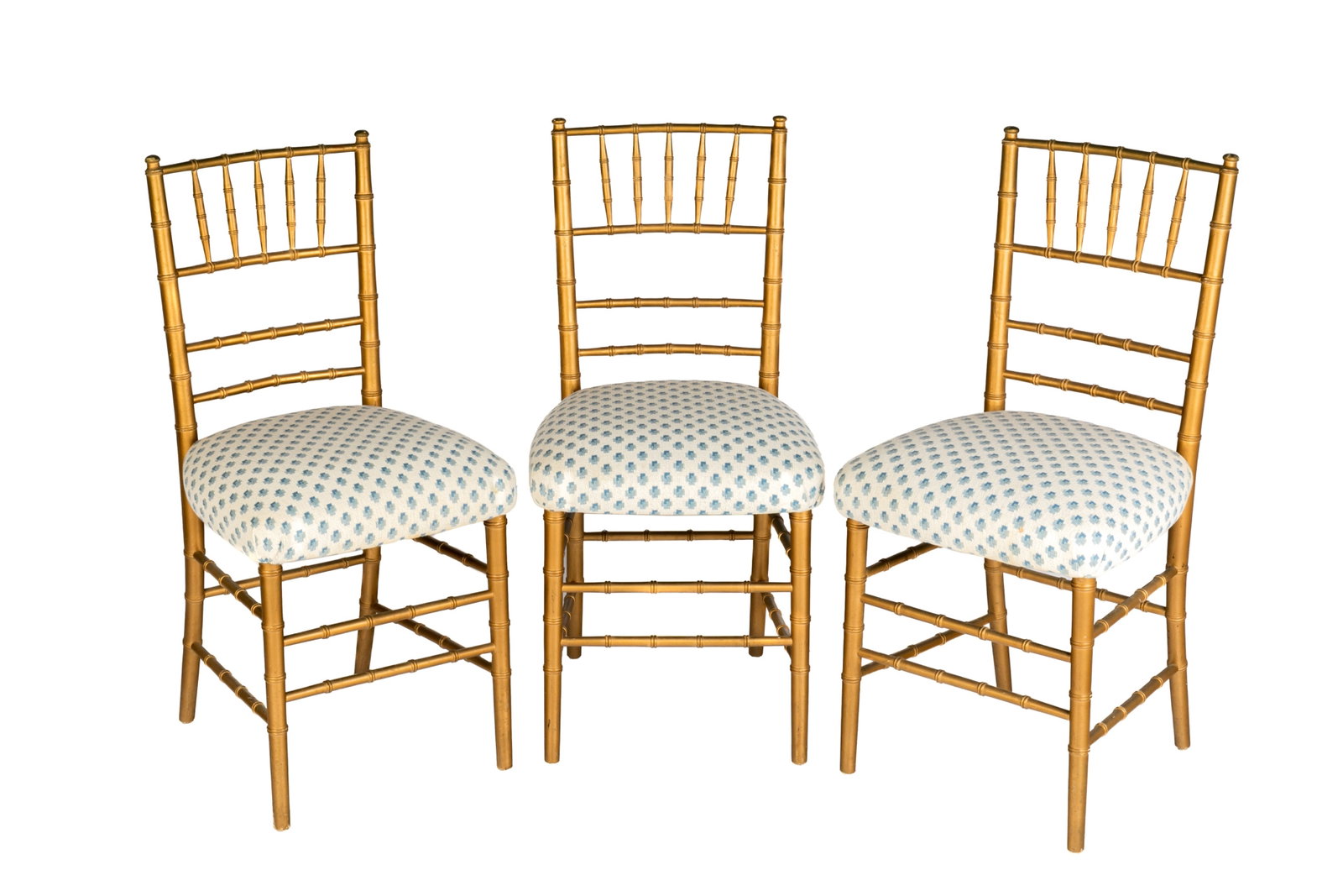 SET OF SIX UPHOLSTERED FRENCH PAINTED GOLD CHAIRS: H: 36'' W: 17'' D: 17''