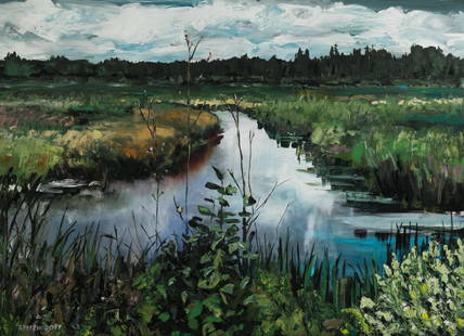 REBECCA PEREHUDOFF (Canadian, b. 1953): Canal, 2006 Acrylic on canvas Signed bottom left H. 45 1/2" W. 64 1/2" Provenance: Private Collection (Toronto); Art Placement Inc. (Saskatoon)