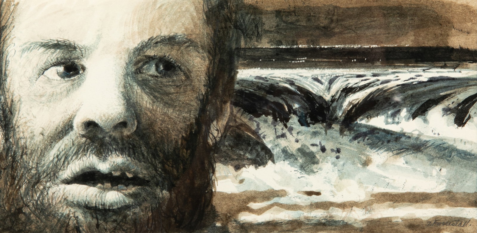 TOM FORRESTALL (Canadian, b.1936): Tom at White Water Watercolour Signed bottom right Measurements (sight) H. 4 1/2" W. 9" Provenance: Private Collection (Toronto)