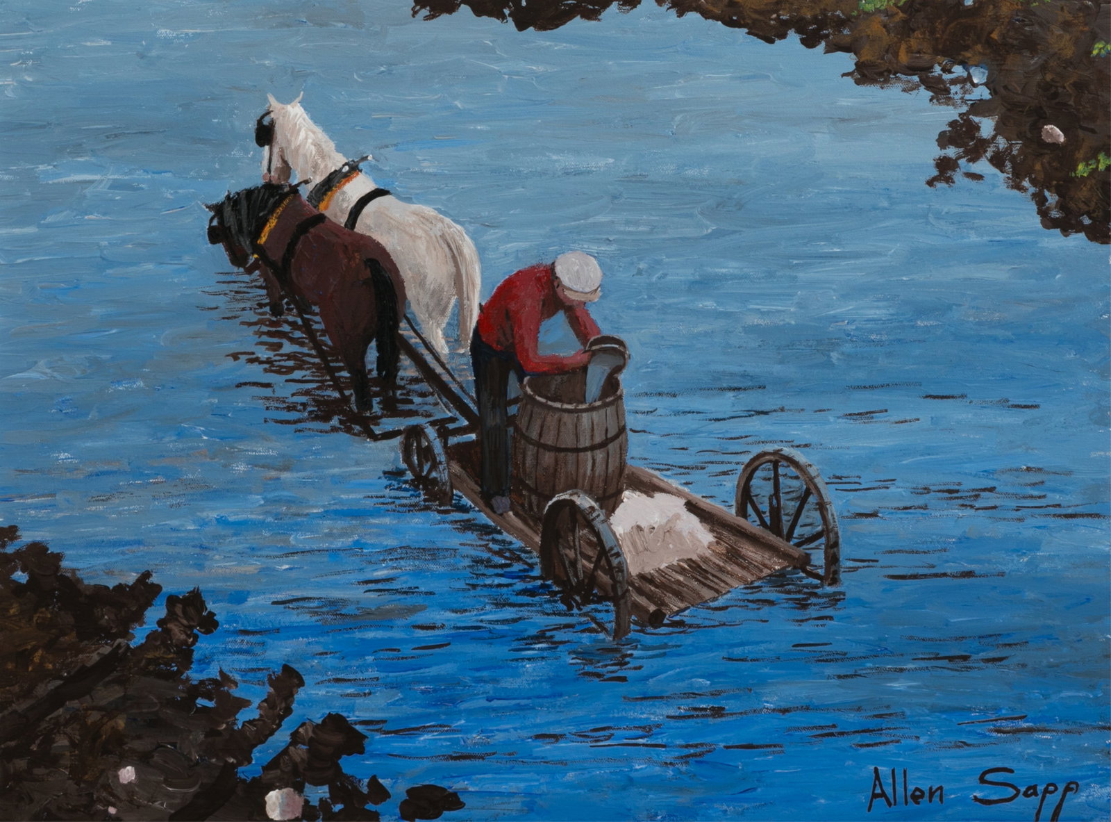 ALLEN SAPP (Canadian, 1928-2015): Watering horses Acrylic on canvas Signed bottom right Measurements (sight) H. 17 1/2" W. 22 3/4" Provenance: Private Collection (Toronto); Art Placement Inc. (Saskatoon)