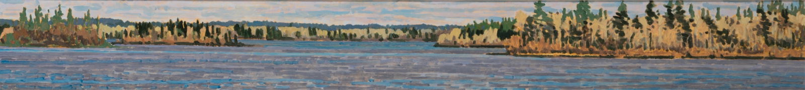DARRELL BELL (Canadian, b. 1959): Islands (Jan Lake), 1995 Oil on masonite H. 8 1/2" W. 50 1/2" Provenance: Private Collection (Toronto); Artworks (Saskatoon)