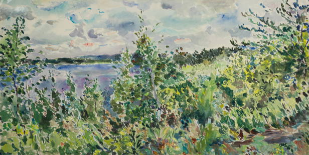 REBECCA PEREHUDOFF (Canadian, b. 1953): Spruce River Reservoir, 1989 Acrylic on canvas Signed and dated bottom right H. 28" W. 56 1/4" Provenance: Private Collection (Toronto)