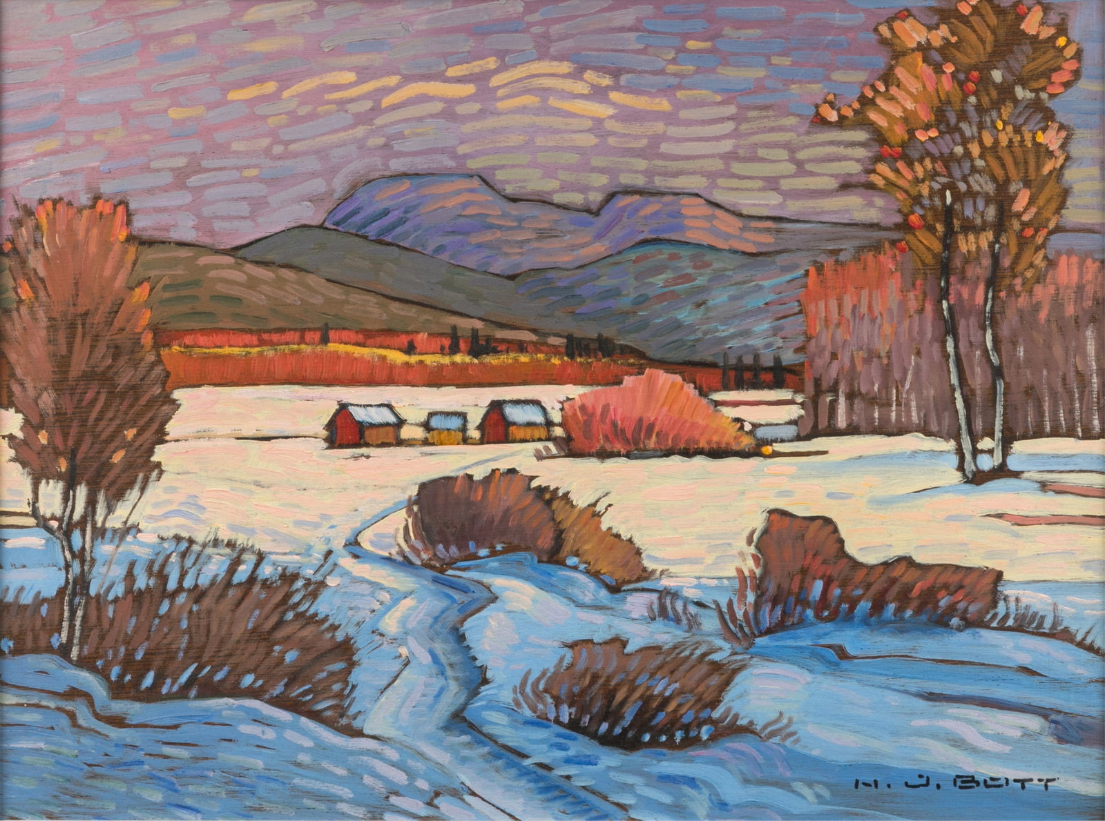 NICHOLAS JOHANNES BOTT (Canadian, 1941-2021): Barns in Snow, 1987 Oil on canvas Signed bottom left H. 16" W. 20"