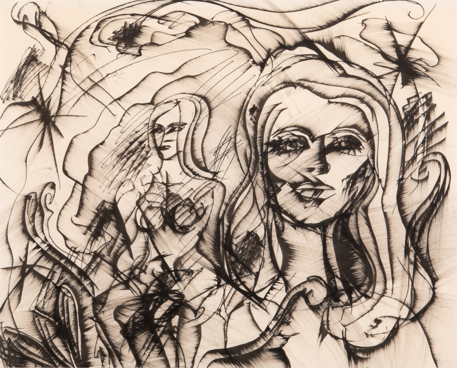 JOHN MEREDITH (Canadian, 1933-2000): Study of a woman Ink / paper Measurements (sight) H. 13 1/8" W. 16 3/8"