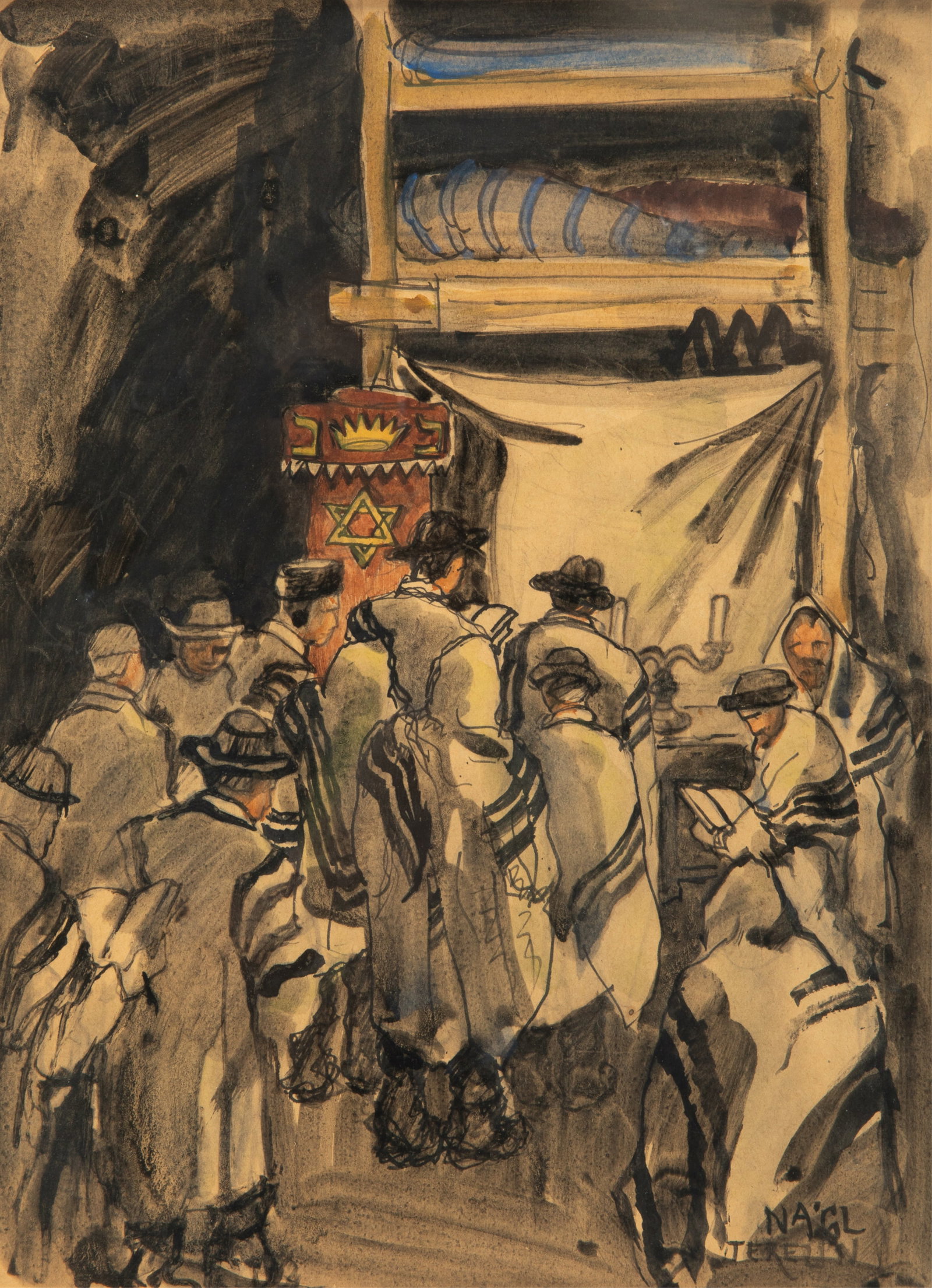 FRANTISEK MORTIZ NAGL (Czech 1889-1944): Religious Service in Theresienstadt (Terezin) Gouache on Paper 14 1/2 x 11inNote: A work by the artist is held at the Yad Vashem Art Museum, Jerusalem