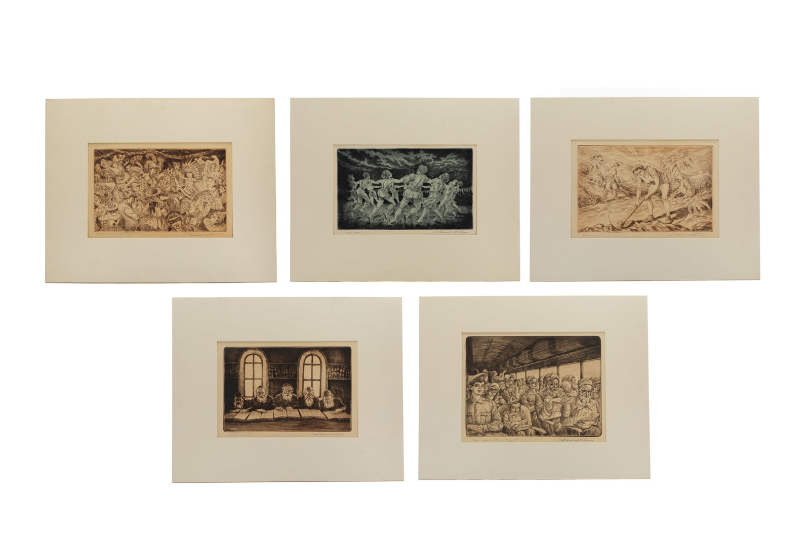 LIONEL S. REISS (Polish American 1894-1988): Five Works: Engravings Purim In Tel Aviv The Hora Gardener in ElathTalmudists Bus Passengers, Israel Size of plate 12 1/4 x 9 1/2in