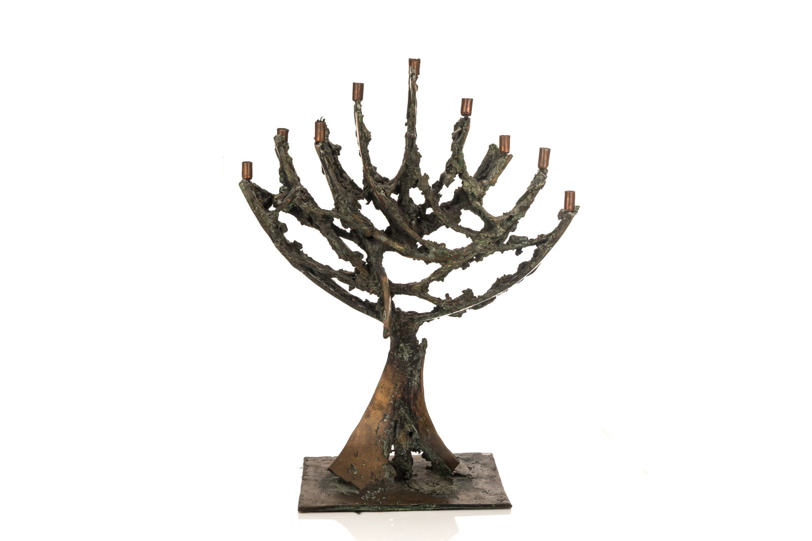 MODERNIST BRONZE CHANUKAH MENORAH: Signed on base, possibly by Andrew Posa.H 63.5cm (25in)