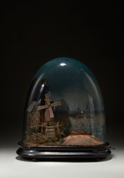 VICTORIAN MUSICAL AUTOMATON: Painted mache mill with two buildings and a windmill next to a ship which rocks while the music plays, inside a hand painted glass dome, circa 1880s. H 38 cm. (15in.)