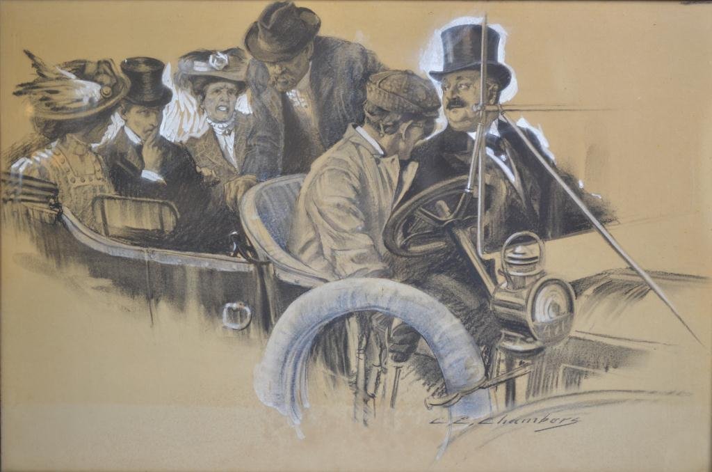 CHARLES EDWARD CHAMBERS ILLUSTRATION: Motorcar ride. Charcoal with gouache highlights. 61 x 40.5 cm (24 in x 16 in)