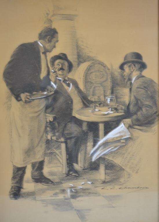 CHARLES EDWARD CHAMBERS ILLUSTRATION: Interior bar scene. Charcoal with highlights. 40.5 x 54.5 cm (16 x 21.5 in)