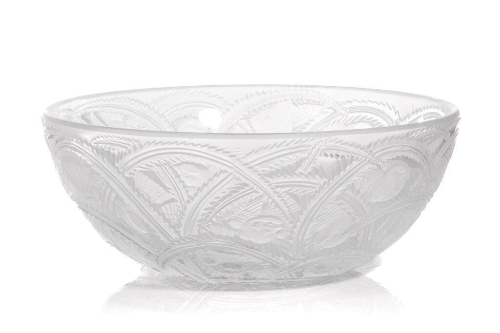 LALIQUE 'PINSONS' GLASS BOWL: Lalique frosted glass 'Pinsons' bowl, decorated with twisting vines and nesting birds throughout. Signed 'Lalique France' to the bottom. French, 20th C. Dia.: 23.5 cm (9 1/4 in.)