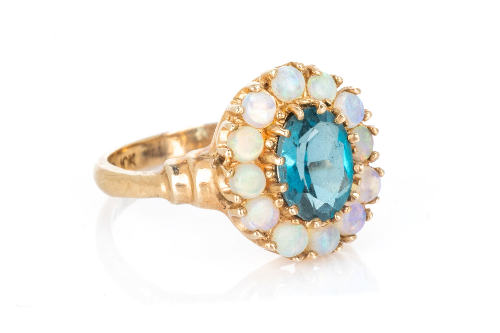 VINTAGE 10K GOLD, OPAL AND AQUA CLUSTER RING, 3.1g (1 of 3)