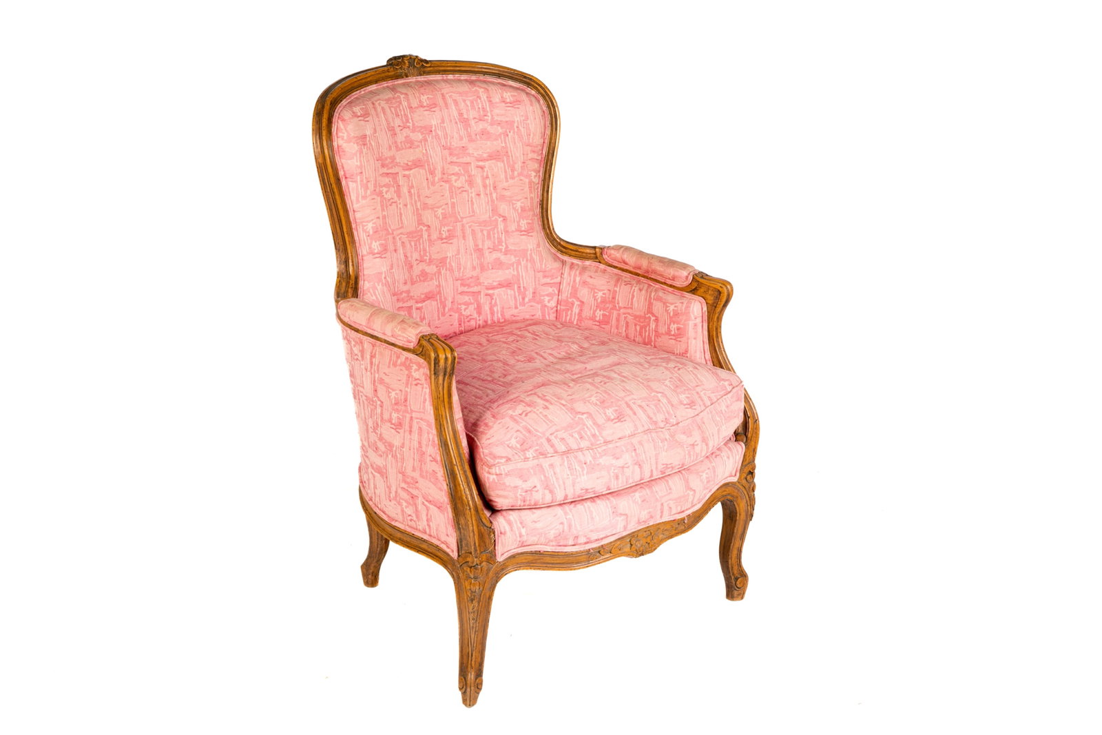 PINK UPHOLSTED FRENCH CARVED WOOD ARMCHAIR: H.: 37'' W.: 27'' D.: 25''