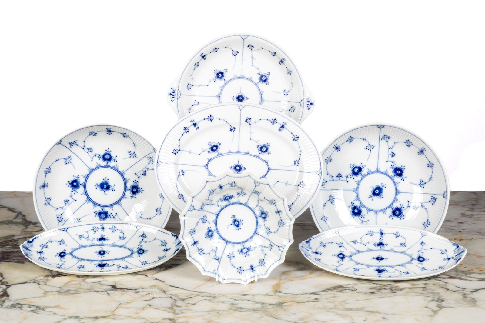 SEVEN ROYAL COPENHAGEN BLUE FLUTED SERVING DISHES (1 of 2)