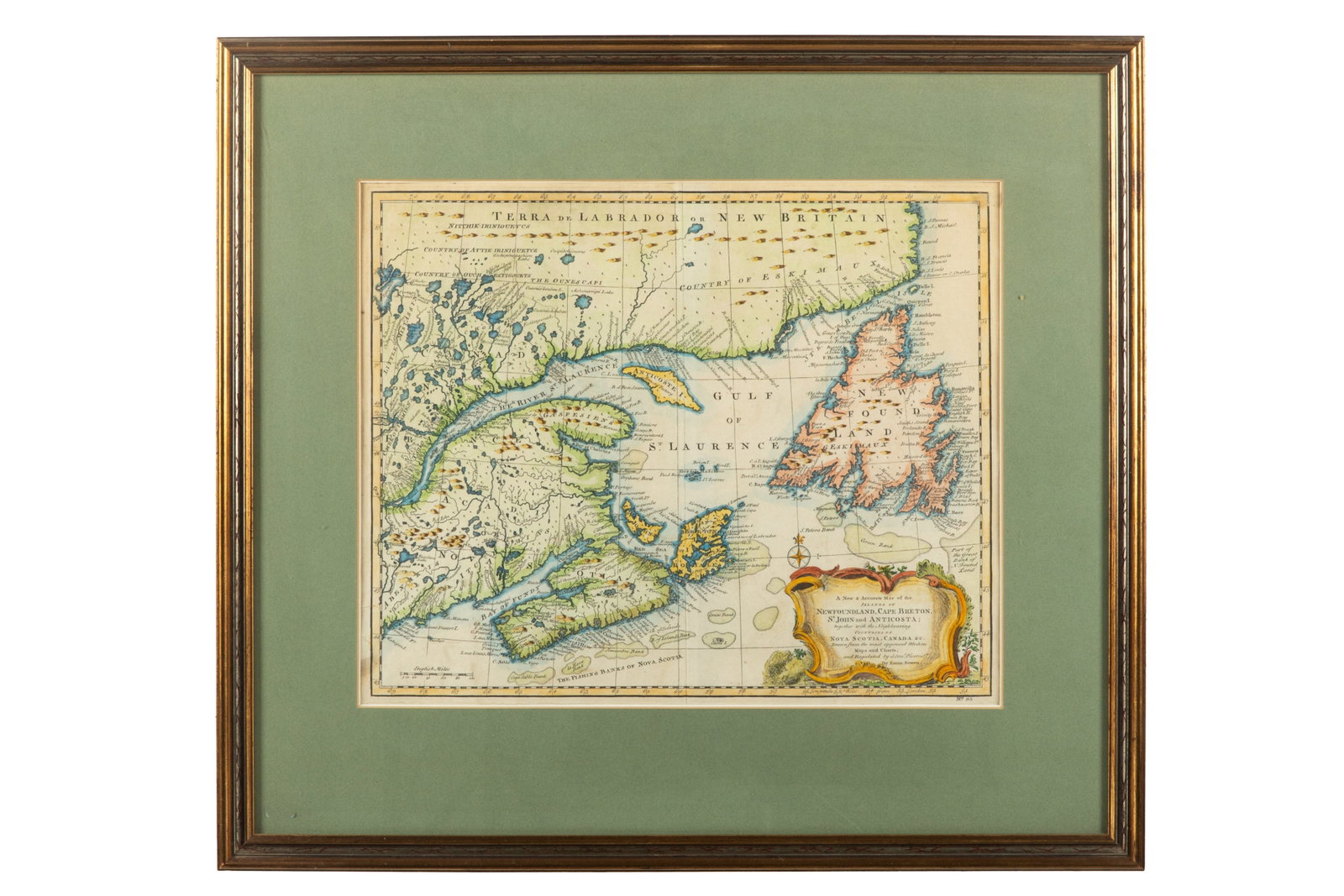 BOWEN. A NEW & ACCURATE MAP OF THE ISLANDS (1747): "A New & Accurate Map of the Islands of Newfoundland, Cape Breton, St. John and Anticosta; together with the Neighbouring Countries of Nova Scotia, Canada &c. Drawn from the most approved Modern Maps 