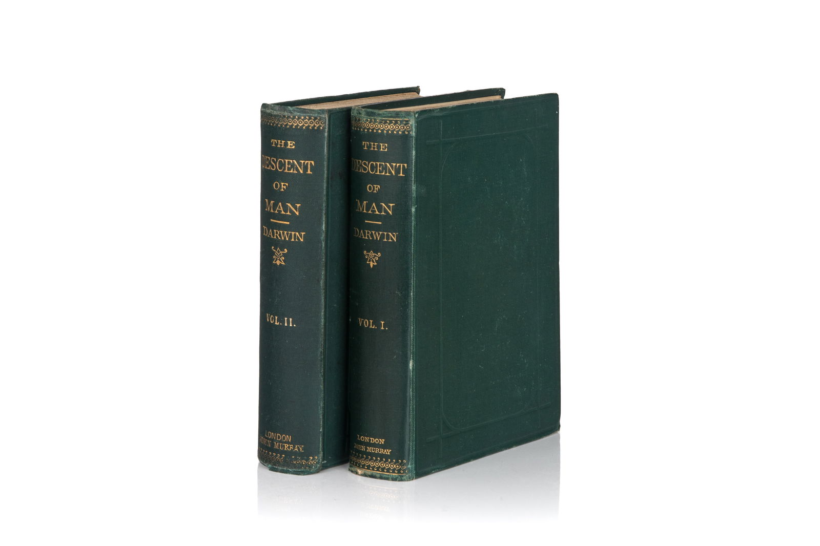 DARWIN. THE DESCENT OF MAN, FIRST EDITION (1871): Charles Darwin. THE DESCENT OF MAN, AND SELECTION IN RELATION TO SEX (London: John Murray, 1871). Octavo. First edition, second issue. Two volumes. Bound in green cloth boards with decorations in blin