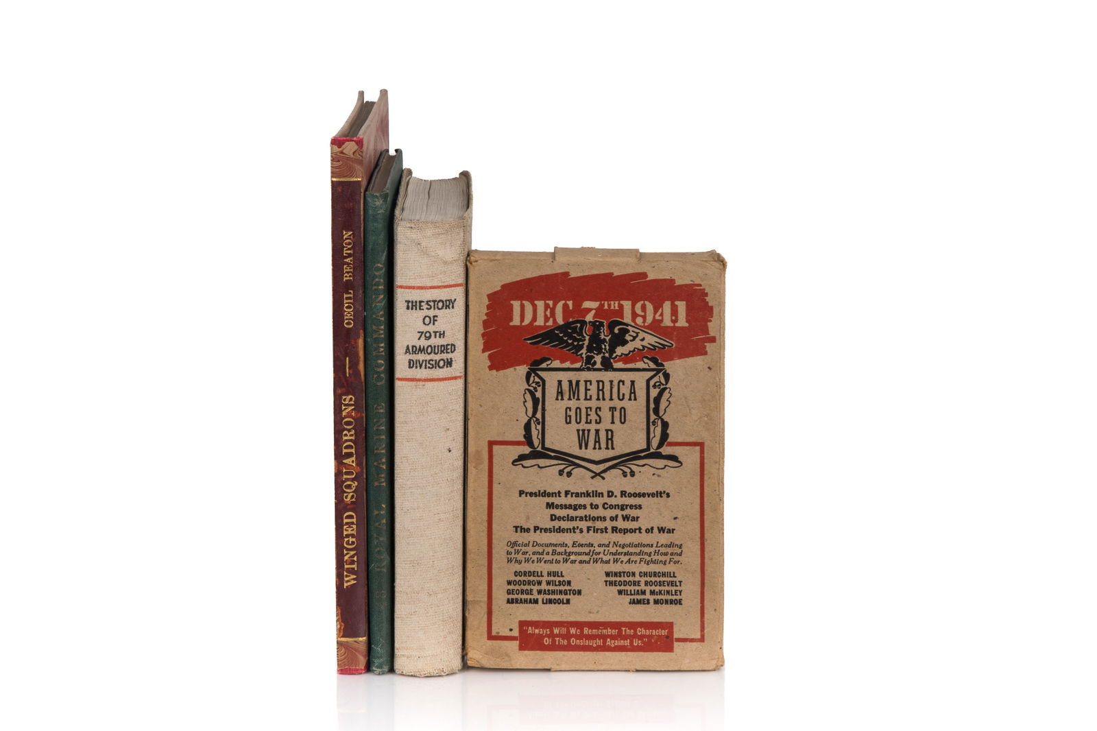 LOT OF 4 WORLD WAR II RELATED BOOKS: Harold L. Hitchens. AMERICA GOES TO WAR (Chicago: Columbia Educational Books, Inc., 1941) ** Cecil Beaton. WINGED SQUADRON (London: Hutchinson & Co., 1942). Signed by the author ** Anonymous. STORY OF