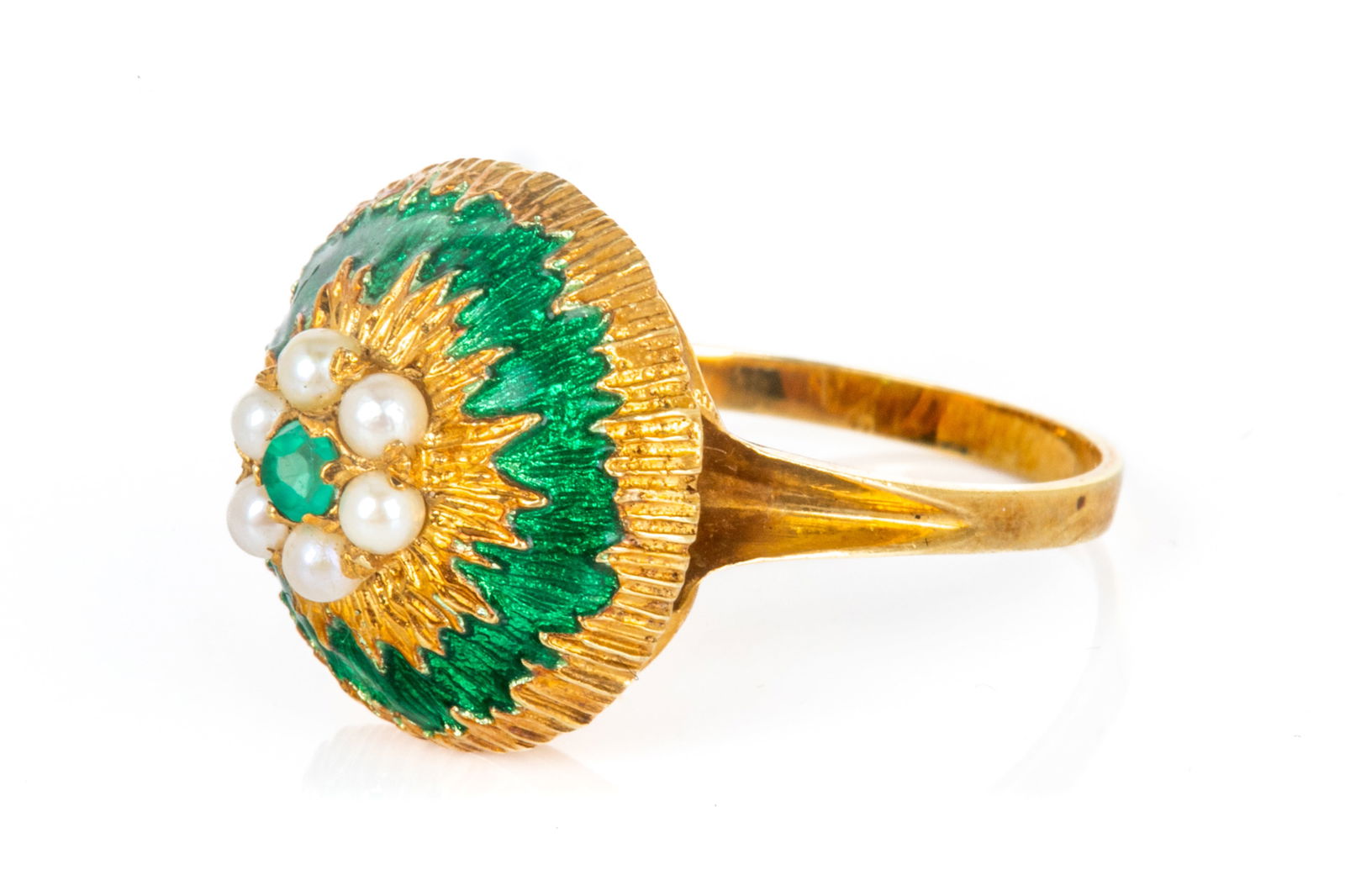 18K GOLD, SEED PEARL AND GREEN ENAMEL RING, 5.7g (1 of 3)