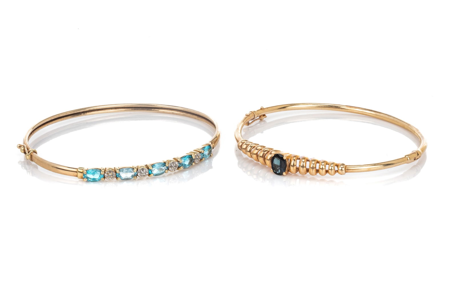 TWO YELLOW GOLD GEM-SET BANGLE BRACELETS, 12.1g (1 of 3)