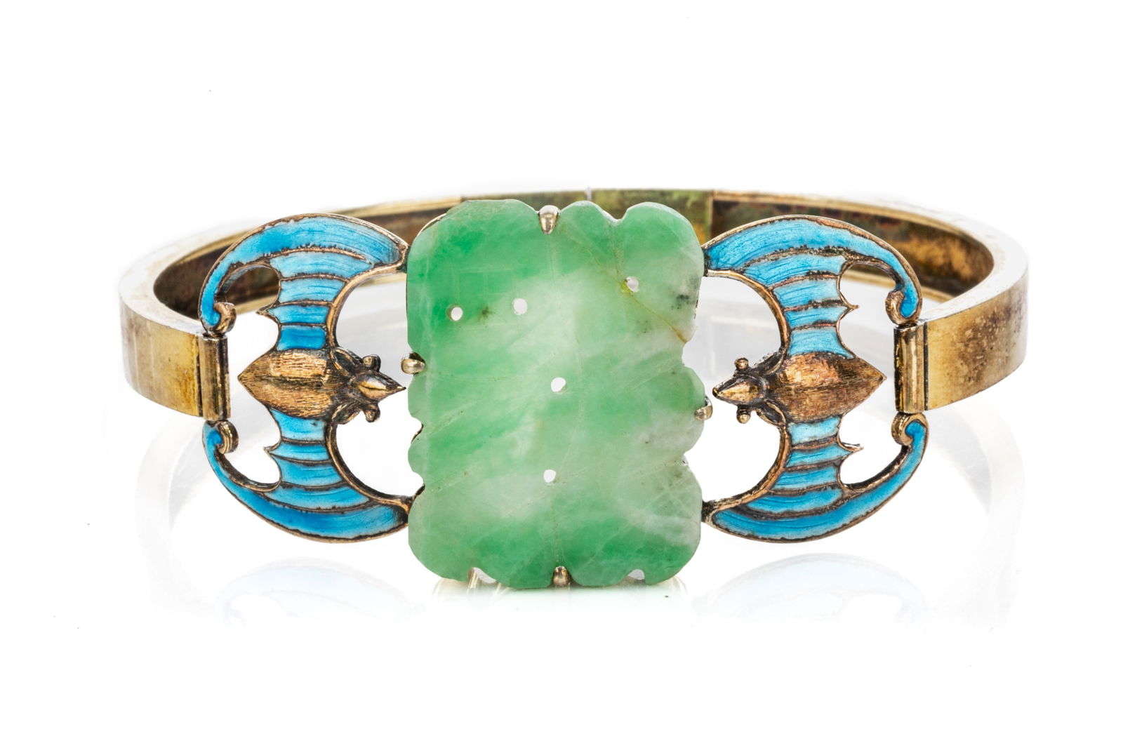 CHINESE GILT SILVER, JADEITE BANGLE BRACELET, 20g (1 of 3)