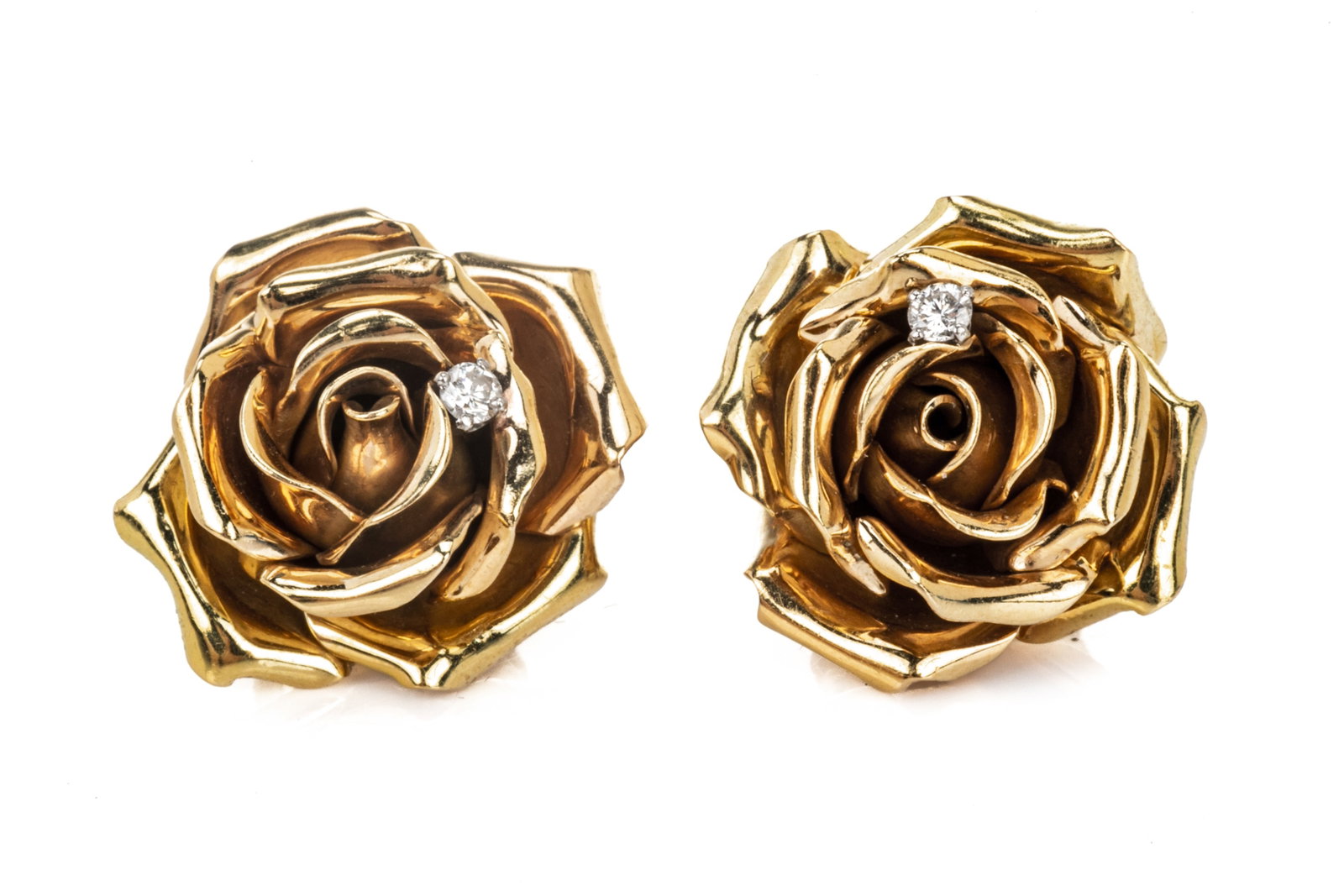 PAIR OF 14K GOLD AND DIAMOND ROSE EARRINGS, 9.7g: A pair of 14k yellow gold floral shaped earrings, each earring accented with a small diamond, backings marked 14k. L. 1.5cm
