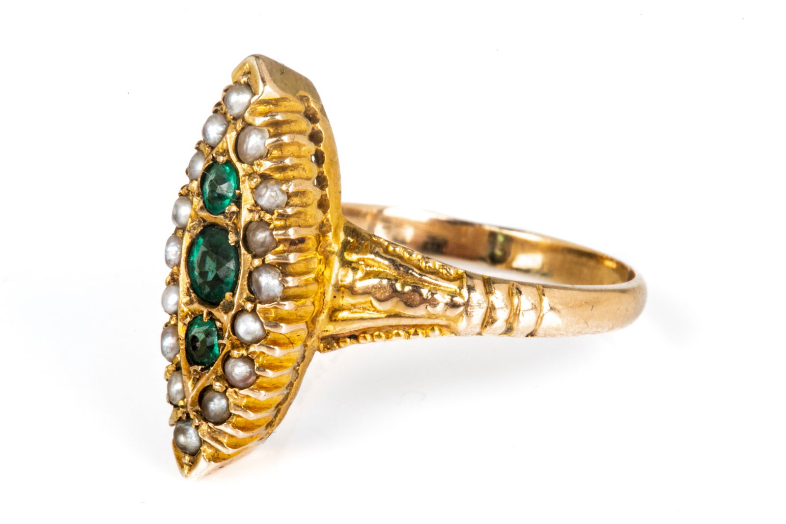 ANTIQUE 10K GOLD, EMERALD AND SEED PEARL RING 2.9g (1 of 3)
