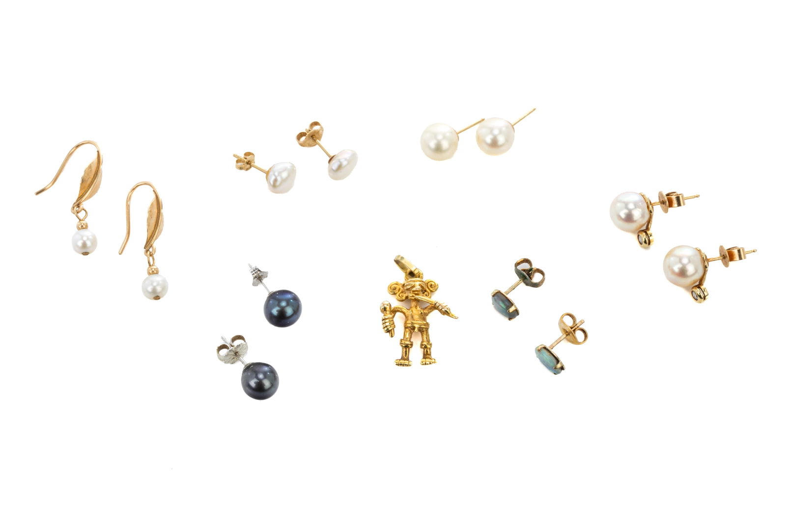 GROUP OF STUD EARRINGS AND GOLD PENDANT, 11.9g: Including a pair of 14k yellow gold, cultured pearl, and diamond stud earrings, marked 14k, a pair of 14k yellow gold and cultured pearl stud earrings, marked 14k, a pair of 9k yellow gold and opal st