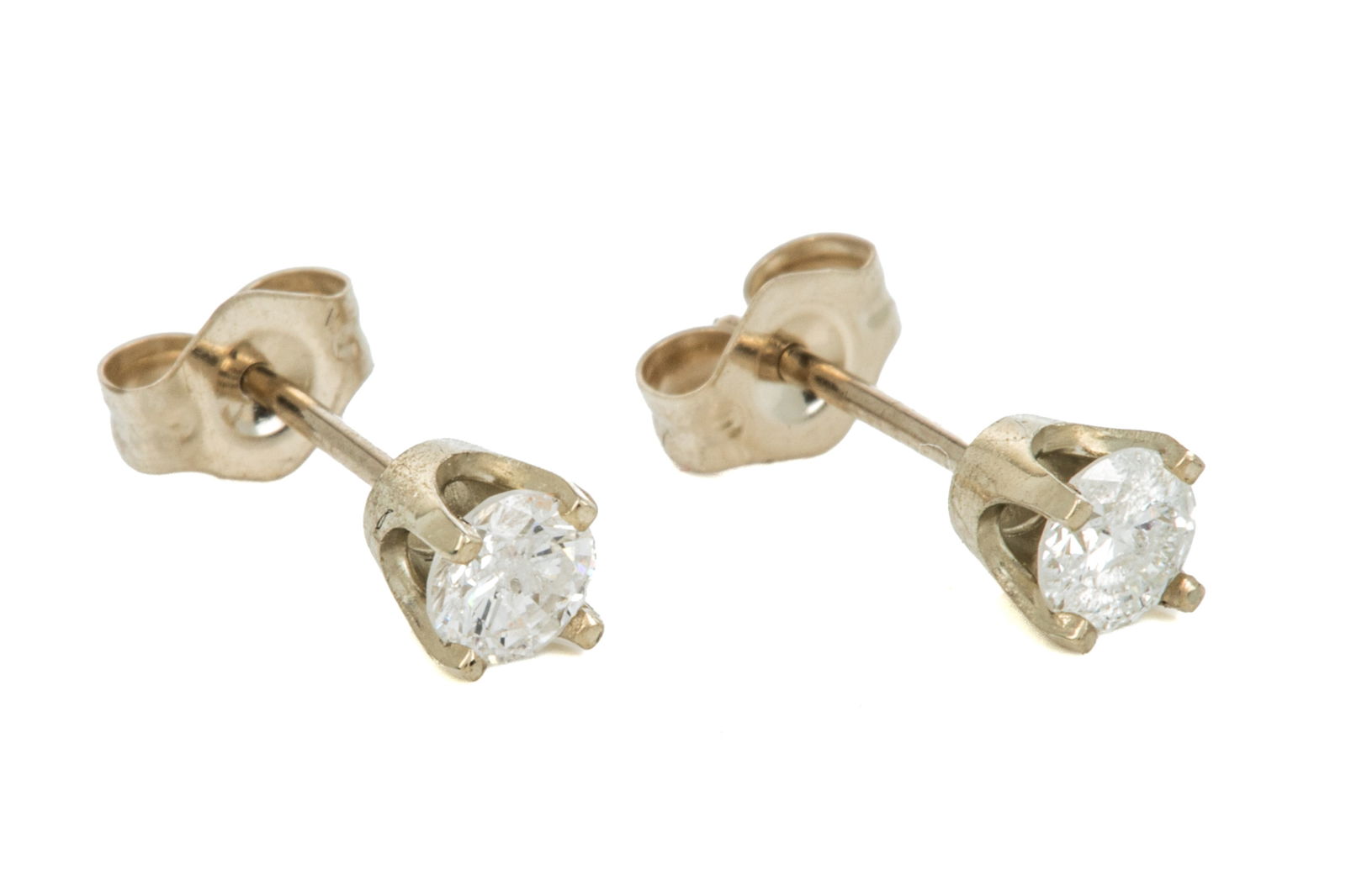 PAIR OF DIAMOND STUD EARRINGS, 0.70g: A pair of white gold and diamond stud earrings, testing as low carat gold, approximate diameter of diamond: 3mm.
