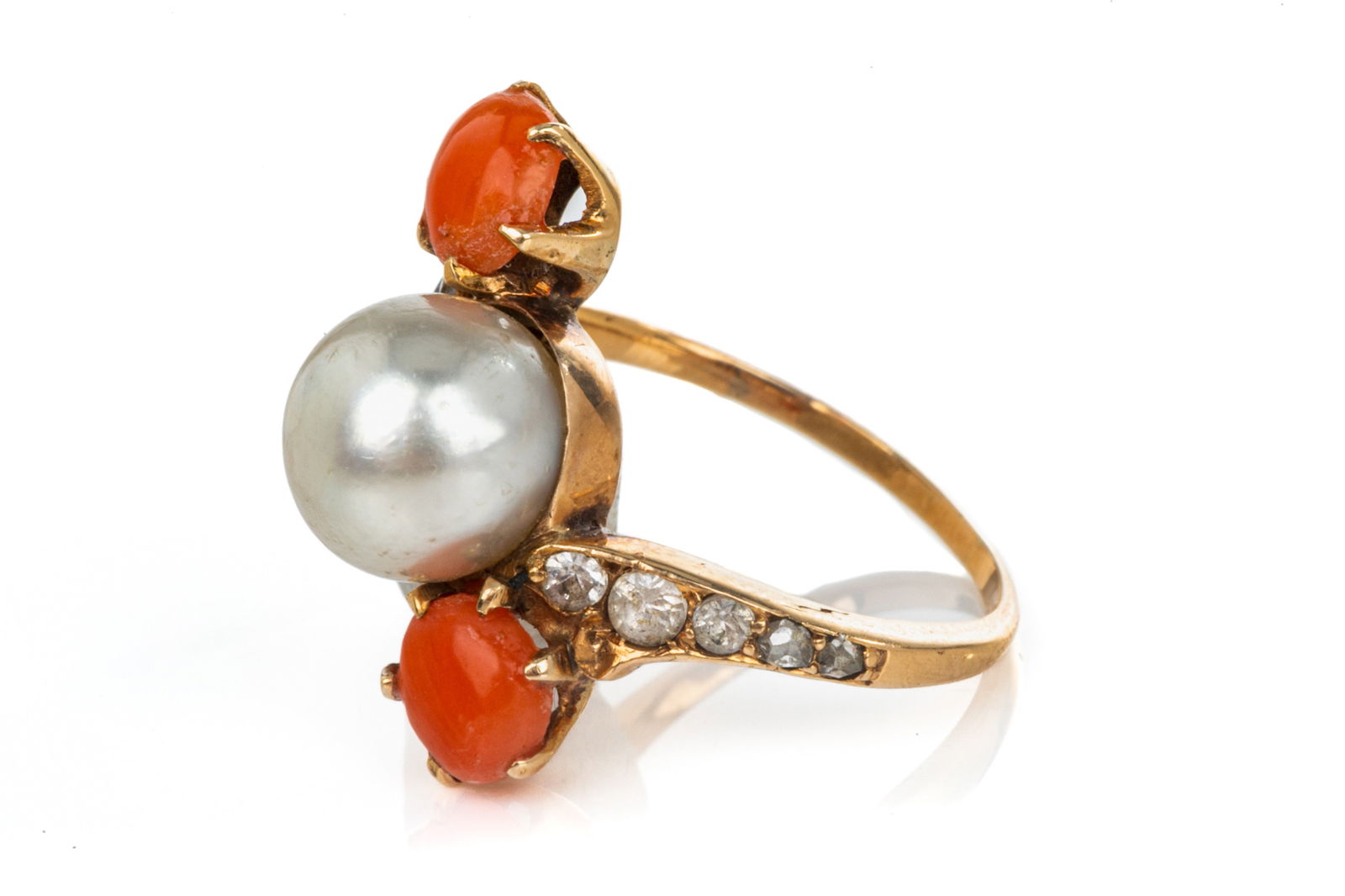 ANTIQUE 14K GOLD CULTURED PEARL & CORAL RING, 3.3g (1 of 2)