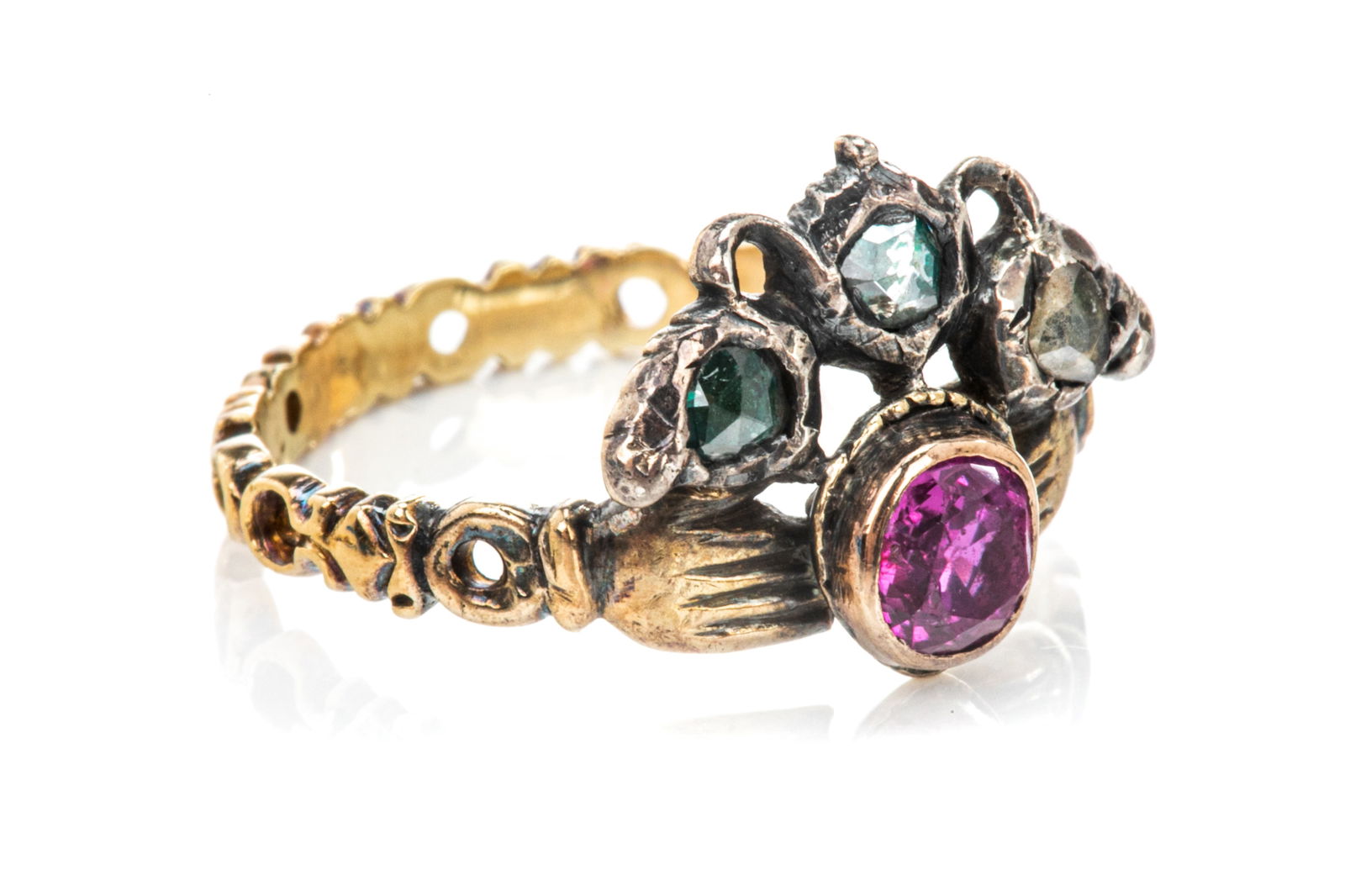 ANTIQUE 14K GOLD RUBY AND DIAMOND HANDS RING, 2.8g (1 of 1)