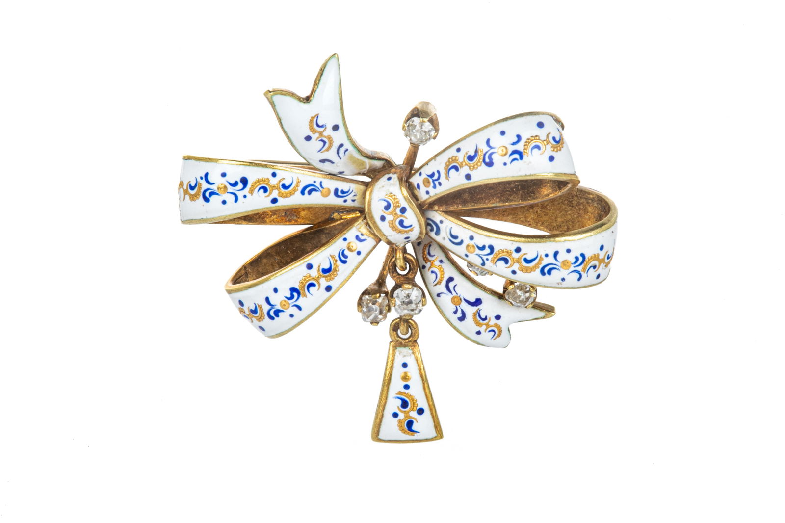 ANTIQUE 18K GOLD ENAMEL & DIAMOND BOW BROOCH, 12g (1 of 2)