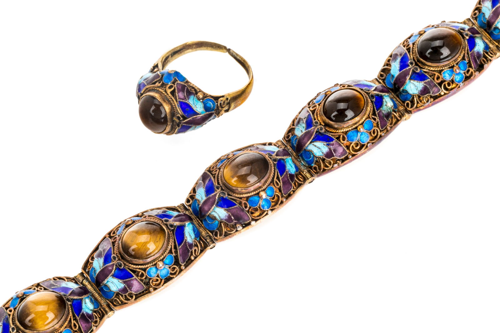 CHINESE ENAMEL TIGER'S EYE RING & BRACELET, 39.8g (1 of 5)