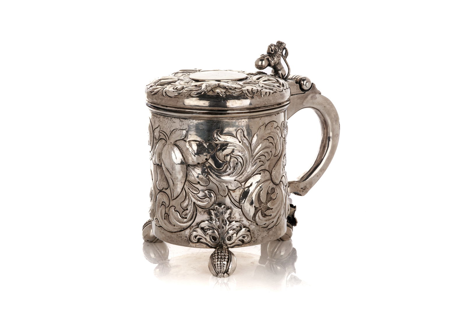RARE 18th C NORWEGIAN SILVER LIDDED TANKARD, 1027g (1 of 5)