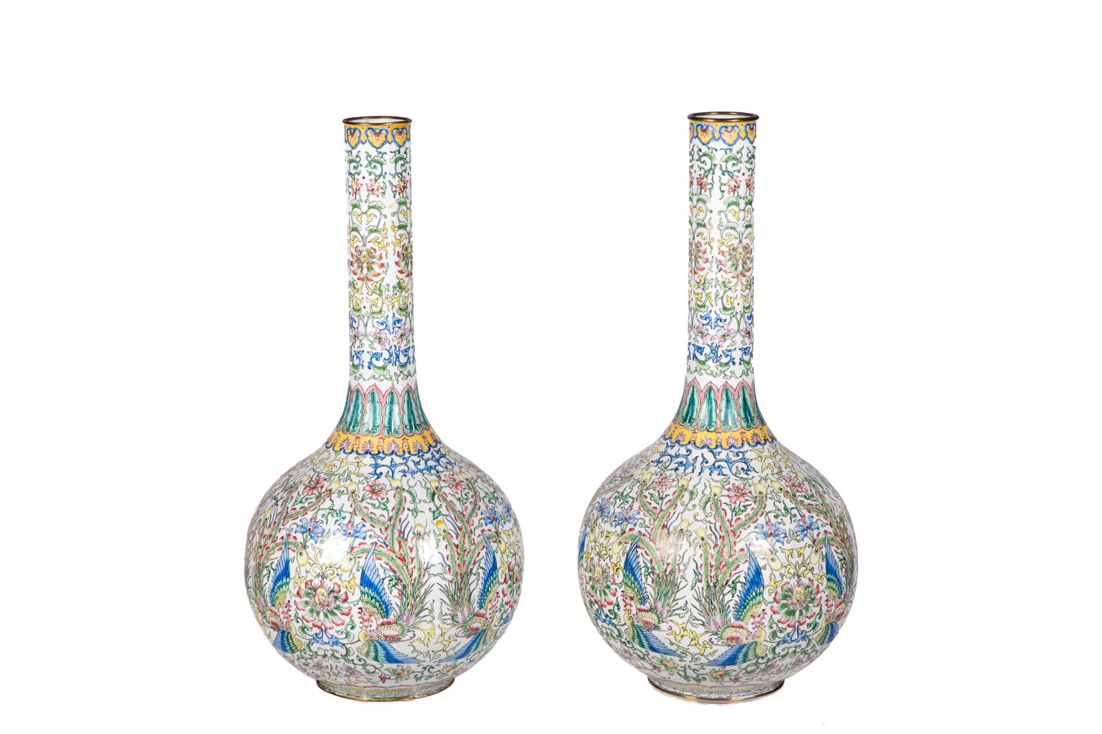 PAIR OF POLYCHROME ENEMALED BOTTLE VASES (1 of 5)