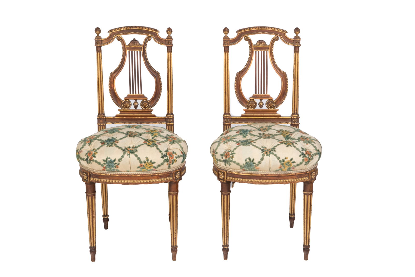 PAIR OF ANTIQUE FRENCH LYRE BACK CHAIRS: Louis XVI form with lyre backs accented in gilding, tufted raised mohair upholstered seats.H.: 33" W.: 13" D.: 16 1/2"