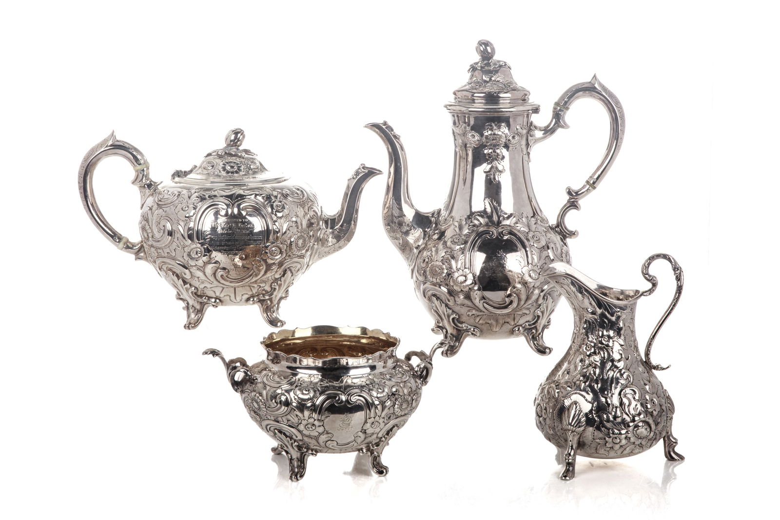 FOUR PC ENGLISH AND AMERICAN SILVER TEA SET, 2585g (1 of 2)