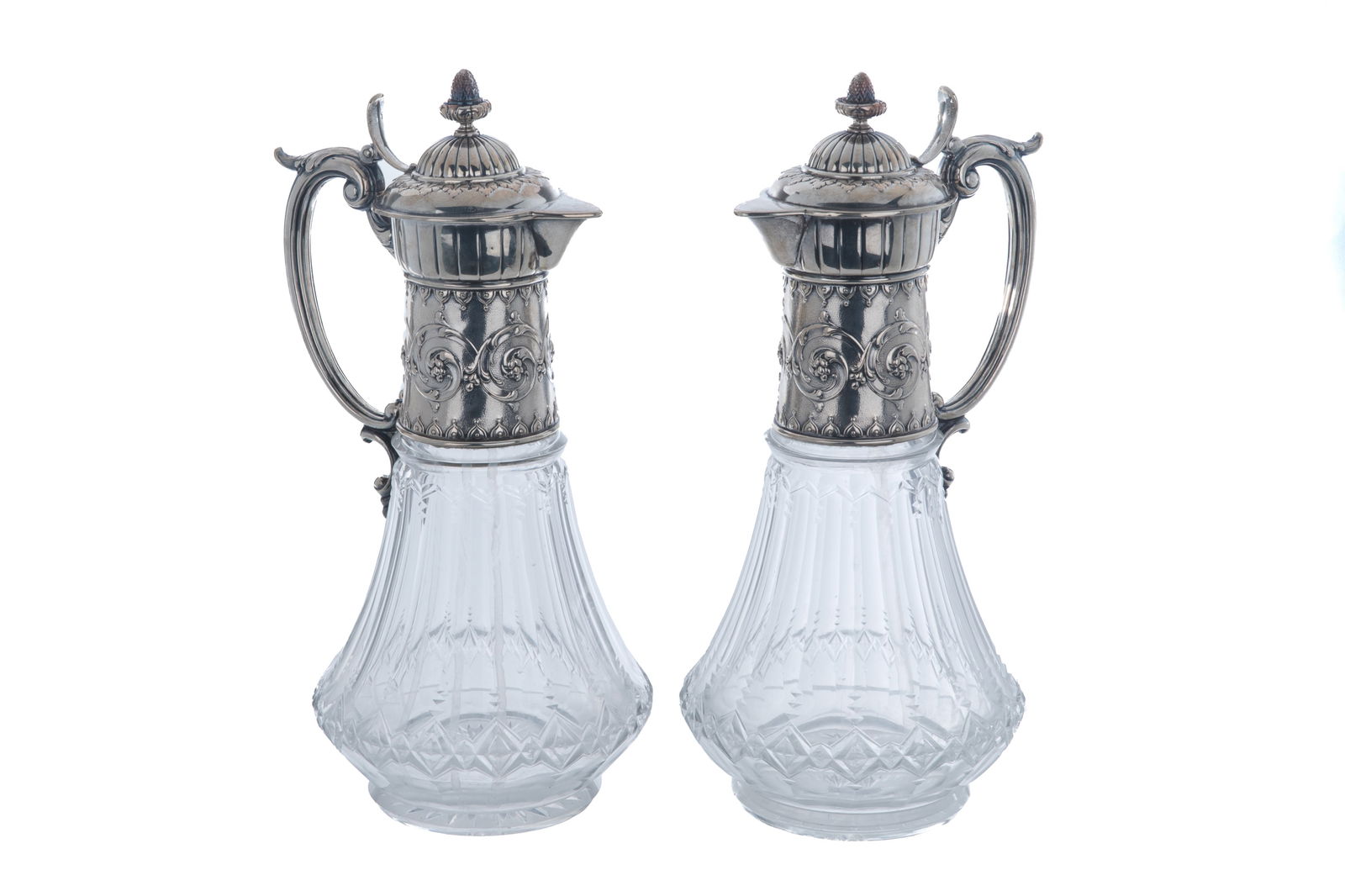 PAIR OF GERMAN SILVER & GLASS CLARET JUGS (1 of 3)