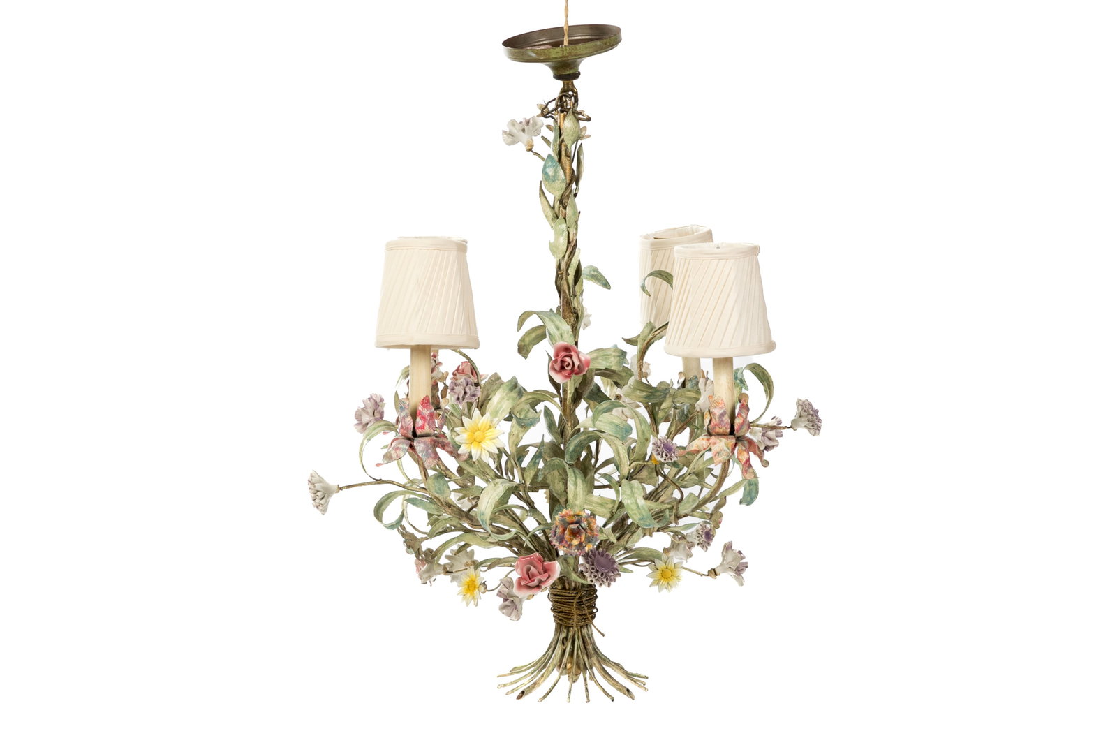 VINTAGE PAINTED TOLE METAL FLORAL CHANDELIER: H.: 32" W.: 21" D.: 21"