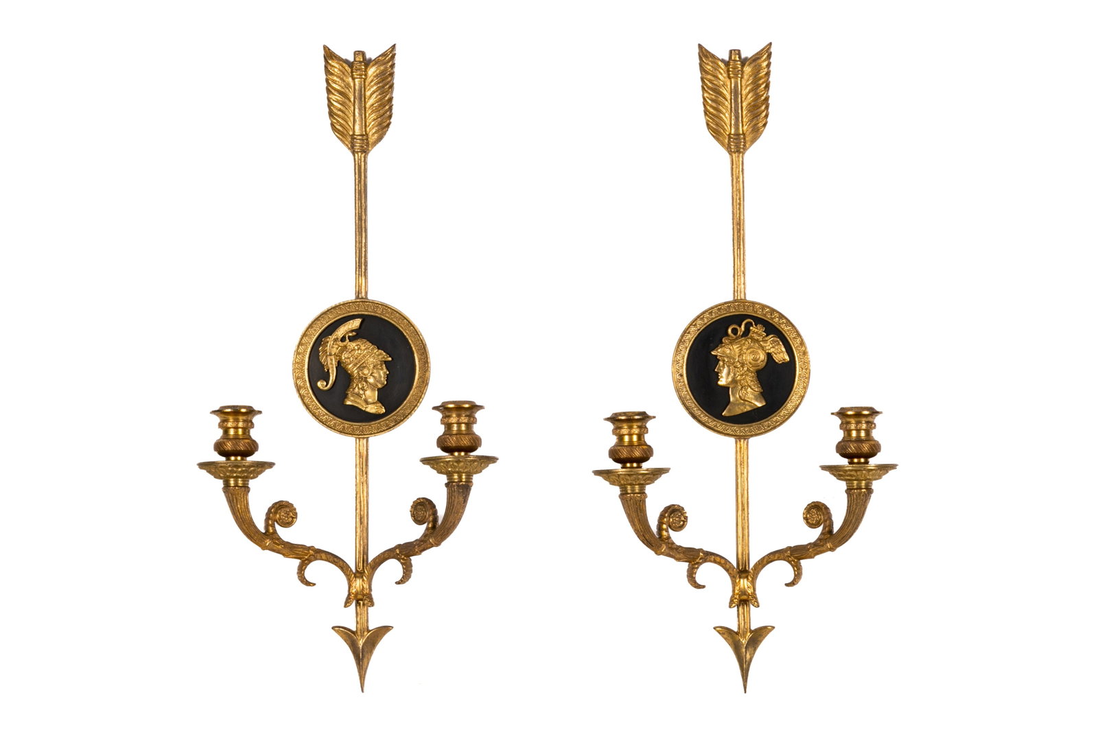 PAIR OF FRENCH EMPIRE BRONZE WALL SCONCES: With arrow and medallion roundel detail. French, 20th C.L.: 19 1/2" W.: 9 1/2"