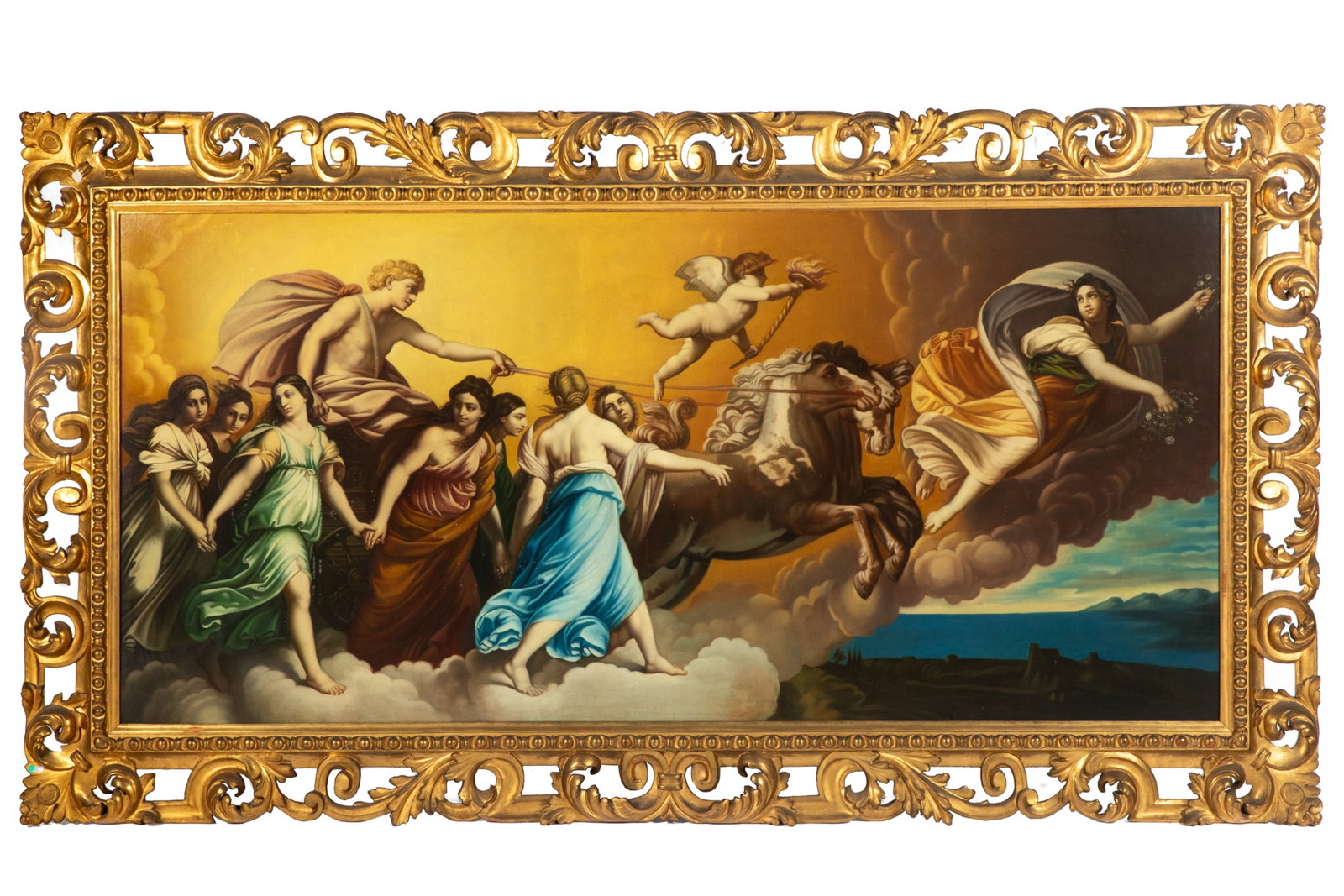 ITALIAN SCHOOL (19TH C): Based on original from Italian School of 17th c. Mythological Scene - Phaeton and the luminous chariot of his father Apollon Oil on CanvasIn carved giltwood frame H. 36" W. 78"