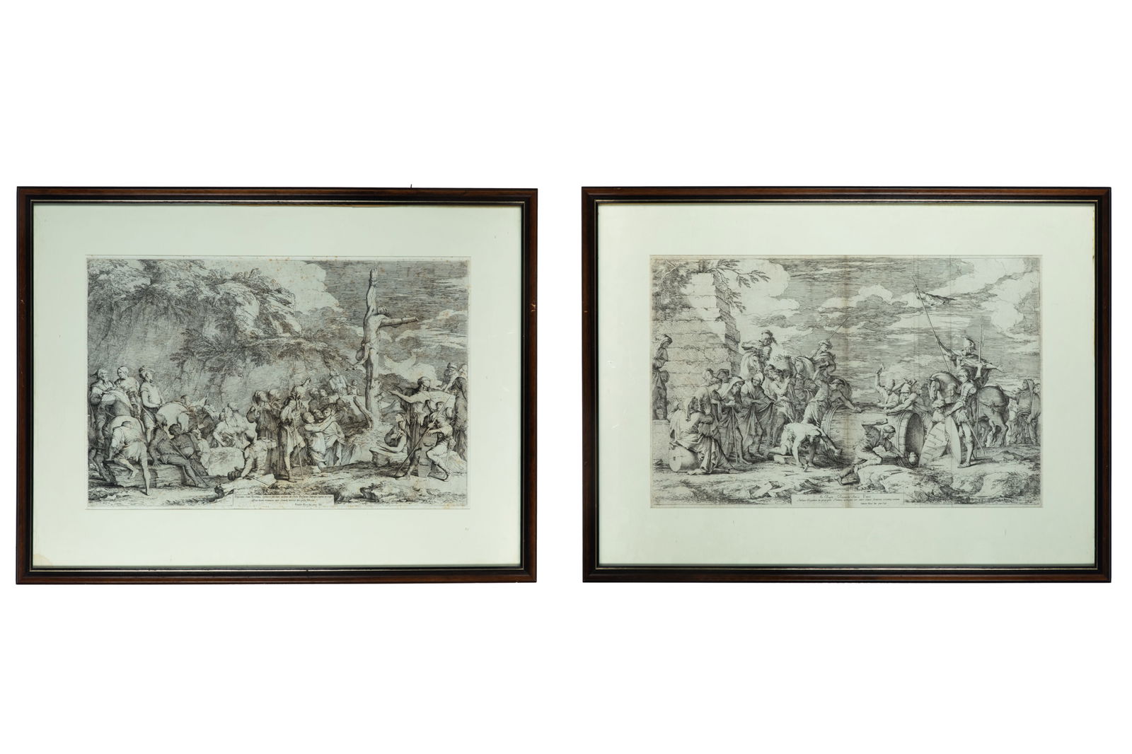 AFTER SALVATOR ROSA (Italian, 1615-1673): Pair of engravings after Salvator Rosa, both measuring 19" x 29". Includes: "Jo: Bapte Ricciardo Amico Unico Attilium Regulum in praecipitis Fortunae uertigine tot inter clauosfirmioris costantiae cen