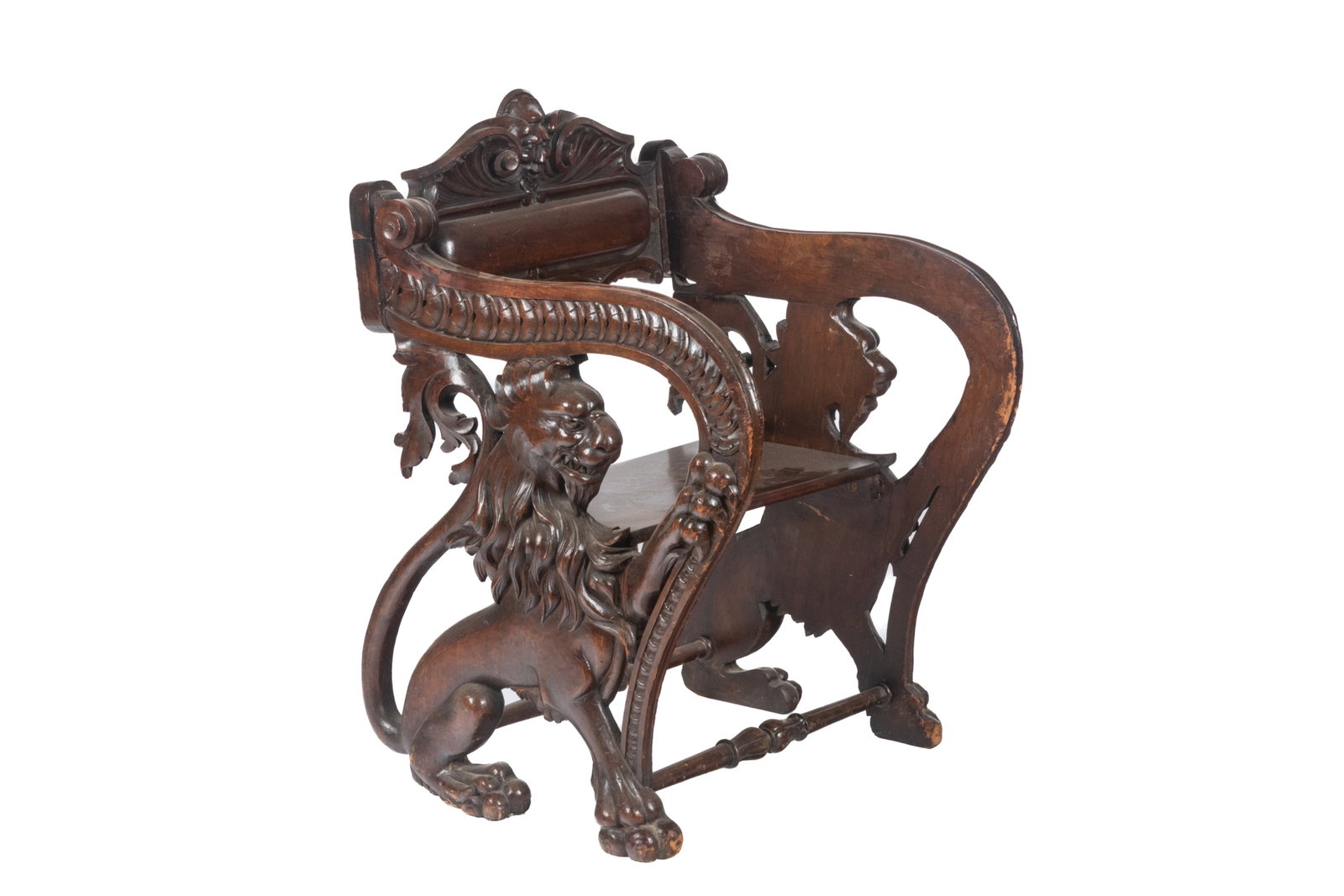 RENAISSANCE REVIVAL CARVED WOOD ARMCHAIR: Savonarola style with lion side supports. 60cm (W) x 85cm (H) x 56cm (D)