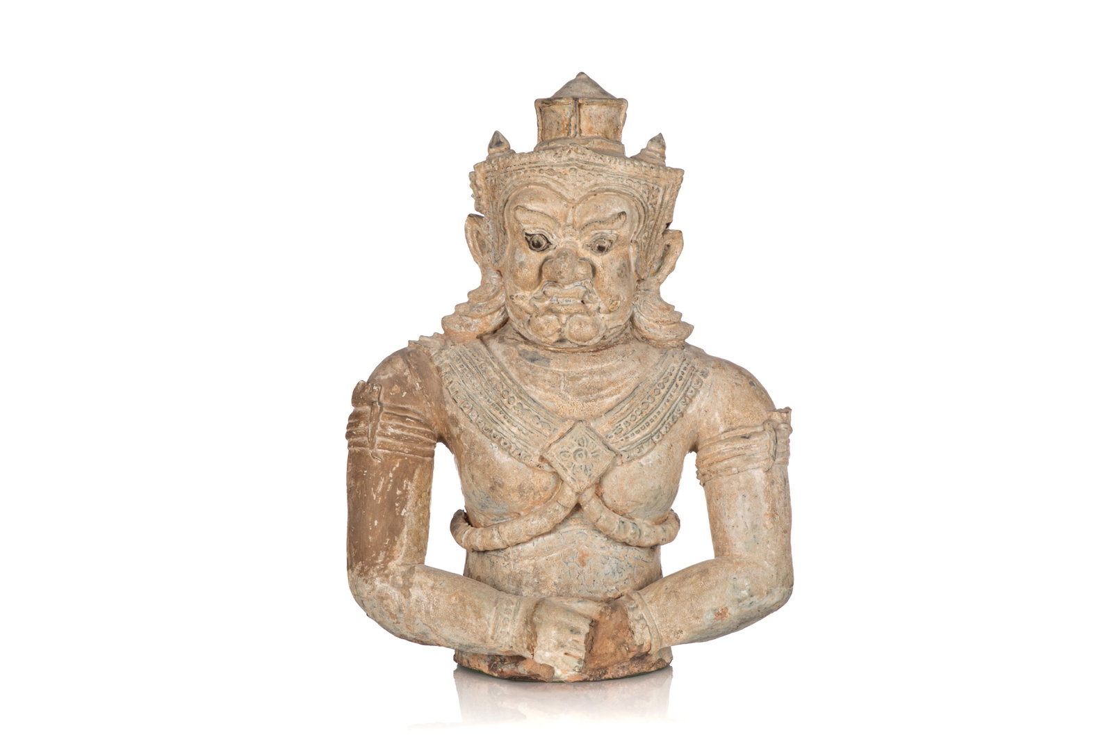 SAWANKHALOK TEMPLE GUARDIAN POTTERY SCULPTURE: Thai, medieval, 14/15 th century, Standing in armour, in a protective gesture. Dvarapalas, also known as Yakshas, they are theguardians of the earth treasures and were originally anti-gods (asuras). D