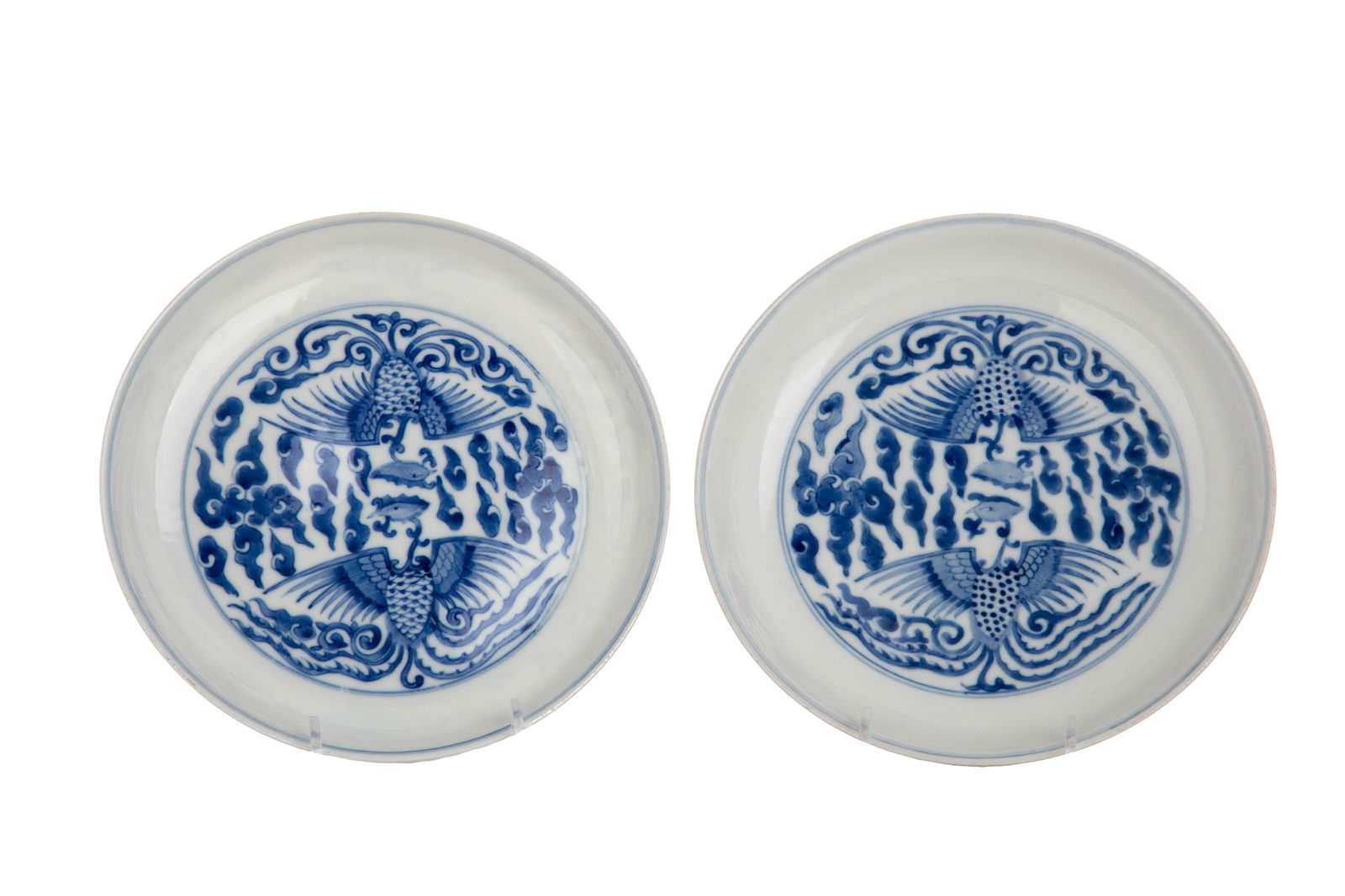 PAIR OF CHINESE BLUE AND WHITE PHOENIX DISHES (1 of 5)