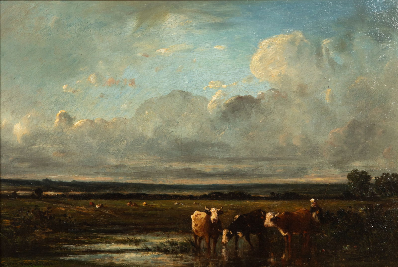 JULES DUPRE (French, 1811-1889): Driving Cattle, 1872 Oil on canvas Signed bottom left H. 11" W. 16 1/2" Provenance: Collection of Dr. Peter Forbath (Toronto)